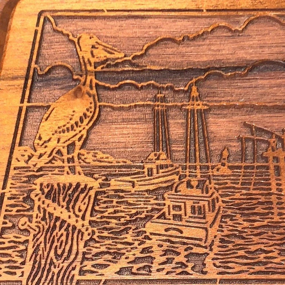 Vintage Laser Craft Carved Walnut  Wood Letter Holder Pelican Harbor Made in USA